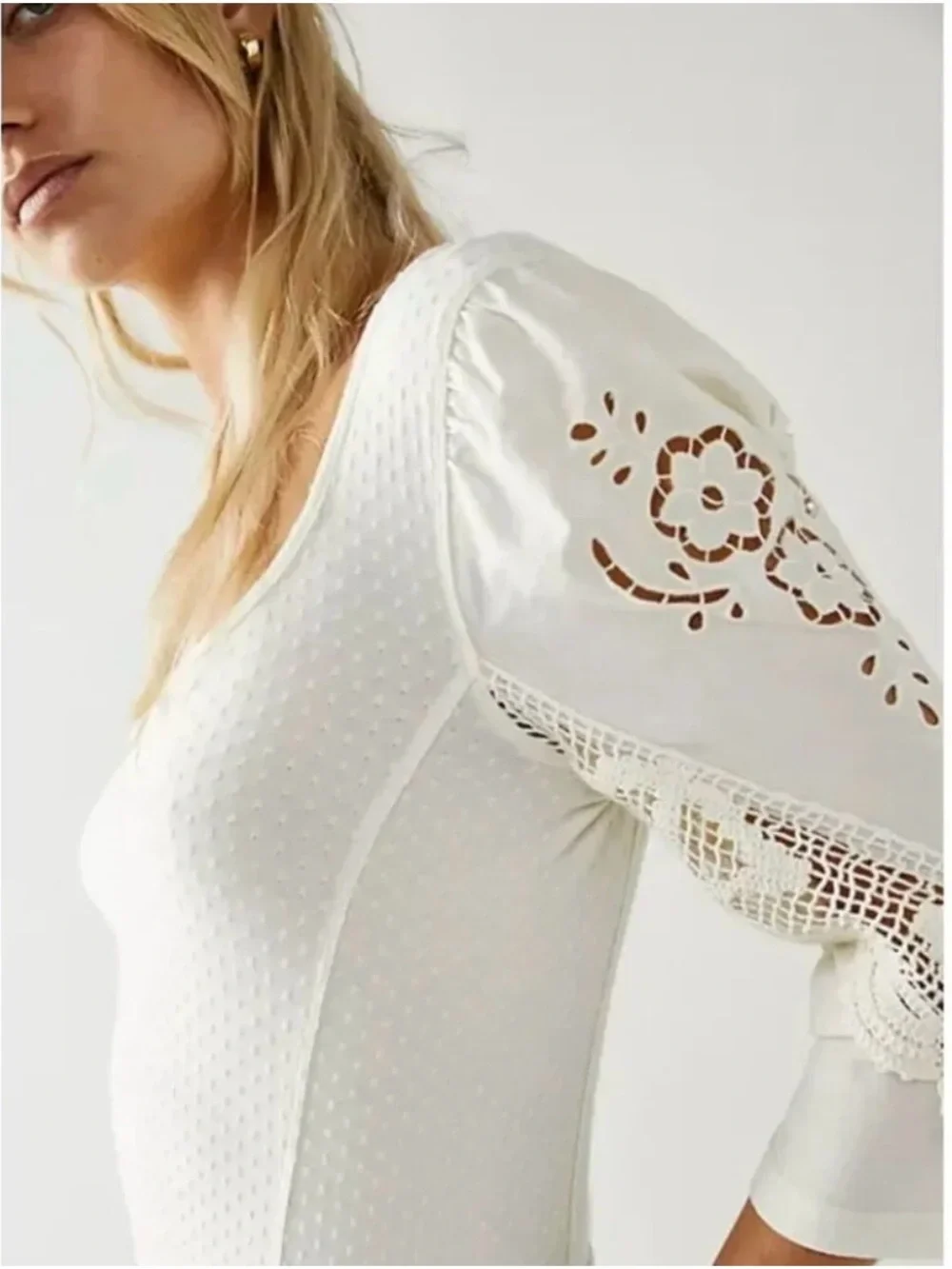NWOT Free People Cream/Ivory Crochet Sleeve Top Medium Brunch Date